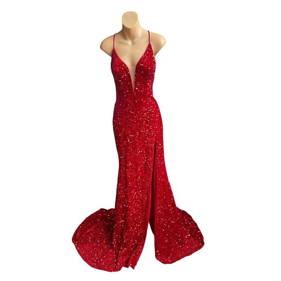 Alyce Paris 61484 - Sequin High Slit Prom Dress Red Side Cutouts - Picture 1 of 10
